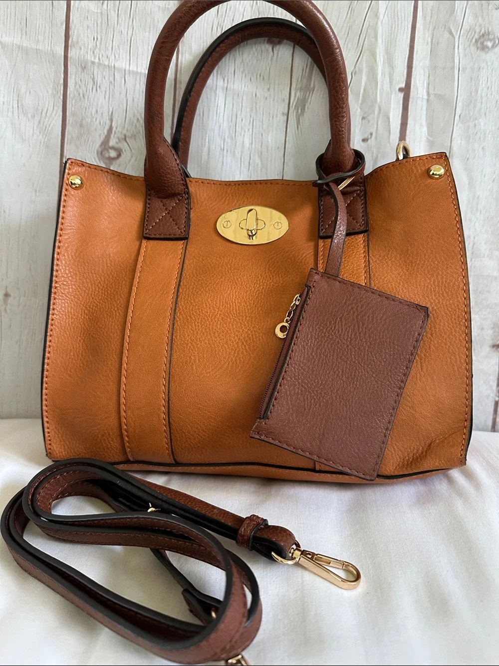 Nwot Cognac and Brown Vegan Purse w/removable pouch and crossbody strap